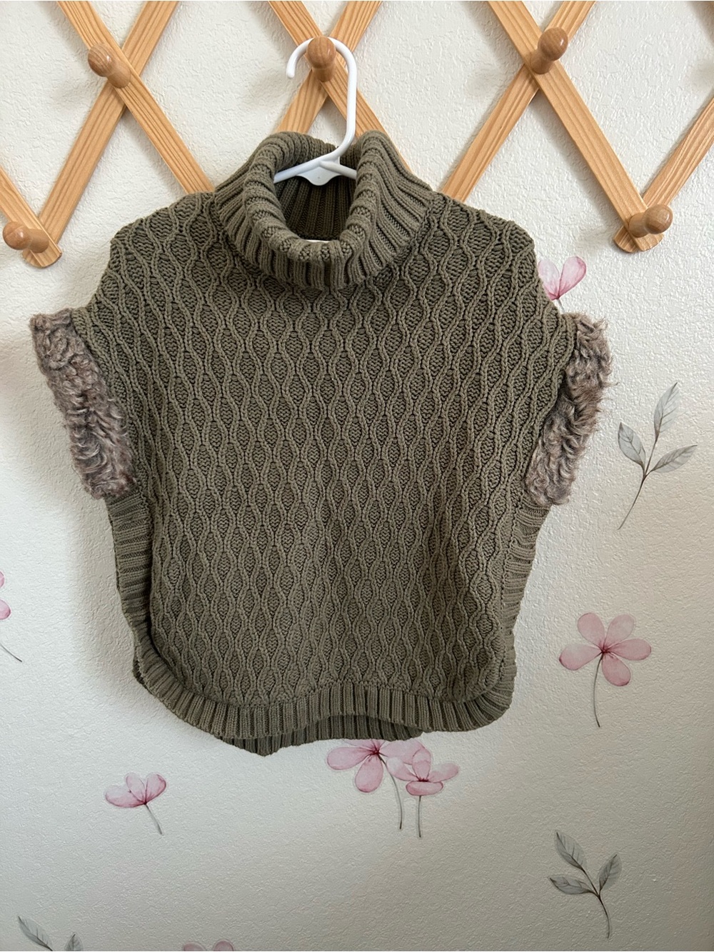 Kids Olive Cable-Knit Turtleneck Poncho with Faux Fur Trim
